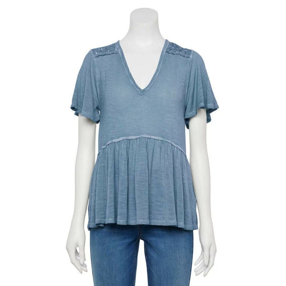Short‎ Sleeve Lace Blue Top XS New